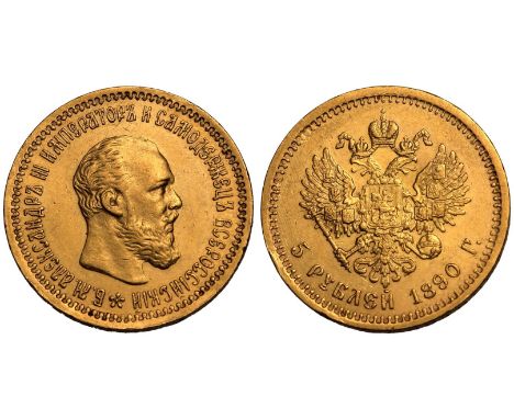 RUSSIA. EMPIRE. Alexander III. Gold 5 Roubles, 1890 SPB. St. Petersburg. Portrait of Aleksandr III facing right; in Cyrillic: