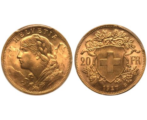 SWITZERLAND. Gold 20 Francs, 1927. Bern. Bust portrait of a female personification of Helvetia facing left; Alps in backgroun