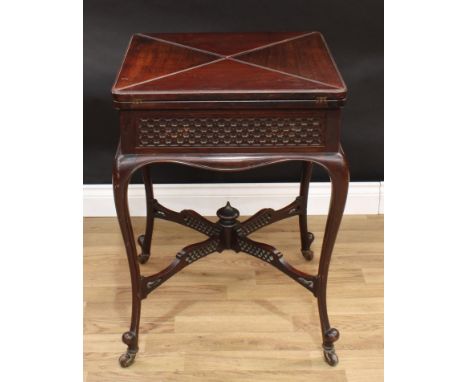 A Chinese Chippendale design mahogany square card table, four-fold hinged top enclosing a playing surface and four copper cou