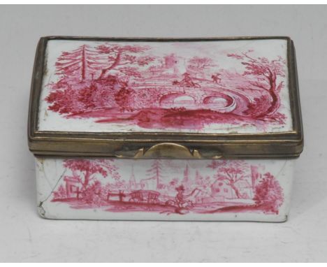 An 18th century enamel rectangular table-top snuff box, the hinged cover, interior, sides, and base painted with Picturesque 