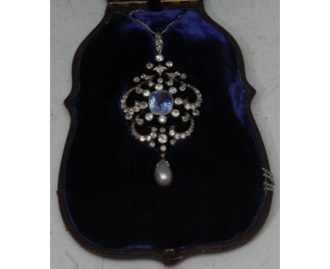 A fine quality sapphire, diamond and natural pearl Belle Epoque necklace, open scrolling pendant inset with a central cushion