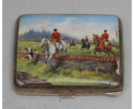 An early 20th century silver and enamel curved rounded rectangular cigarette case, the hinged cover decorated in polychrome w