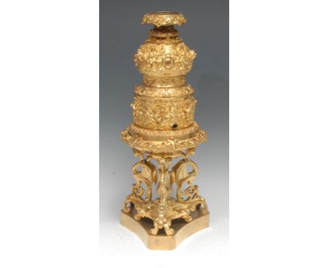 A mid-19th century Renaissance Revival ormolu colza oil table lamp, boldly cast in high relief with portrait masks, mythical 