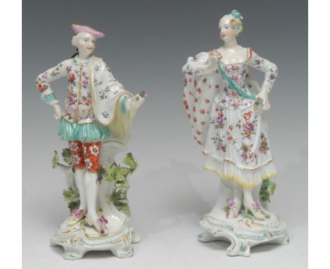 A pair of early Derby Patch Mark figures, the Ranelagh Dancers, the gallant attired in a tricorn hat, doublet, hose and cloak