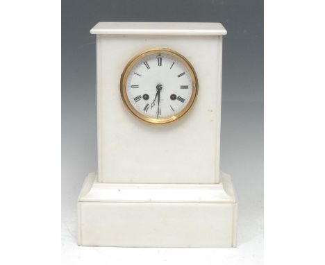 A 19th century French white marble mantel clock, quite plain, 8.6cm slightly convex white enamel dial inscribed Hatton, Paris