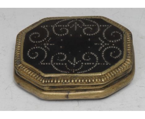 A late 17th century tortoiseshell and brass canted rectangular snuff box, hinged cover decorated with pinwork, 8cm wide, c.16