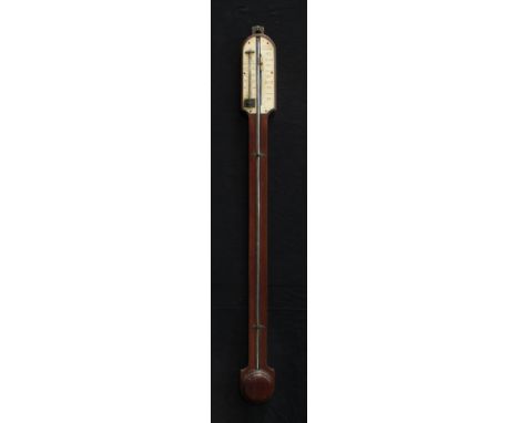 A 19th century mahogany stick barometer, arched register plate inscribed Tydeman, Stowmarket, and numbered 27 to 31, neighbou