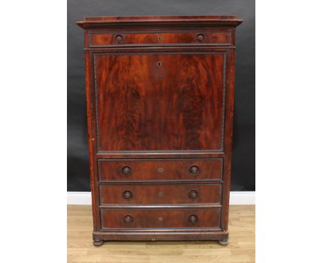 A 19th century Biedermeier flame mahogany secrétaire à abattant, rectangular caddy top above a frieze drawer and a fall front
