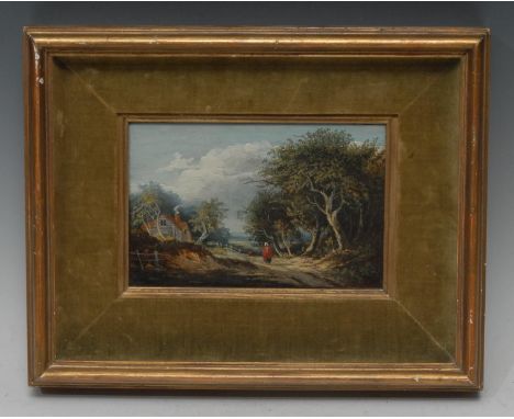 English School (19th century) A Country Lane oil on mahogany panel, 12cm x 17cm, fragmentary manuscript label to verso