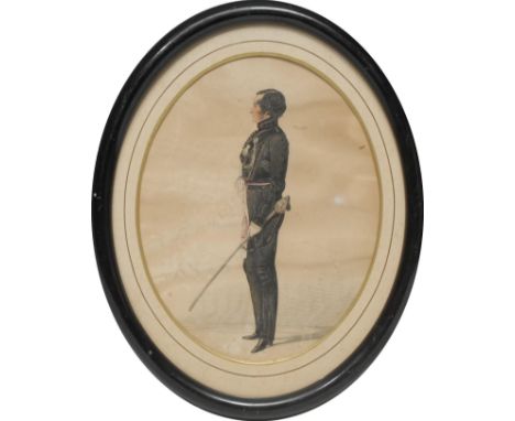 English School (mid-19th century)Portrait of an Army Officer, full-length and in profile, wearing a black military uniform an