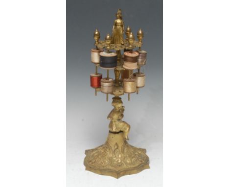 Sewing - a substantial 19th century gilt metal seamstress's  cotton reel stand, crested by the figure of Britannia and a row 
