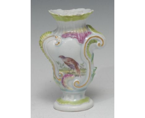 A Derby Patch Mark asymmetrical rococo vase, painted by the Principle Bird painter, with bird to front and verso, the mouldin