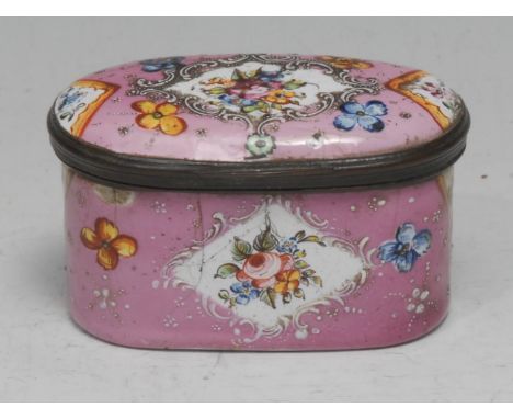 An early George III South Staffordshire enamel oval snuff box, painted in polychrome with Deutsche blumen in shaped lozenge o
