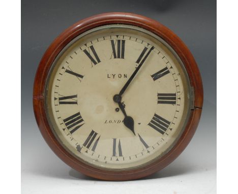 A Victorian mahogany circular wall timepiece, 34cm circular painted clock dial inscribed Lyon, London, eight-day fusee moveme