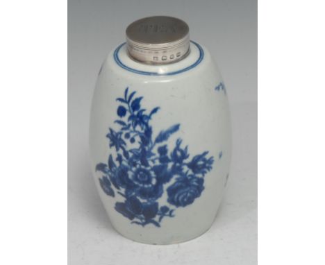 A Worcester silver-mounted Three Flowers pattern tea canister, printed in underglaze blue, the Victorian cover inscribed Tea,