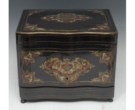 A 19th century French boulle and ebonised serpentine table top decanter cabinet, hinged cover, front and sides enclosing four