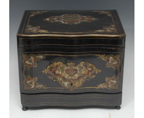 A 19th century French boulle and ebonised serpentine table top decanter cabinet, hinged cover, front and sides enclosing four