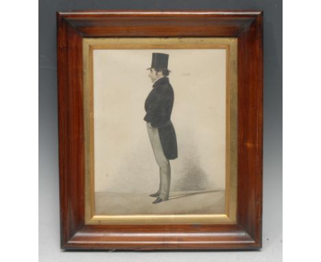 English School (mid-19th century)Portrait of a Gentleman, full-length and in profile, wearing a black top hat, cravat and fro