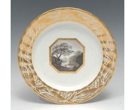 A Derby Named View circular plate, painted in sepia with Zachariah Boreman, with Near Matlock, Derbyshire,  within gilt cante