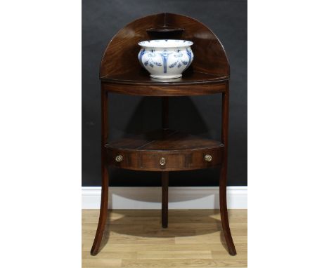 A 'George III' mahogany corner washstand, tall two-third gallery with small shelf, open undertier with small central frieze d