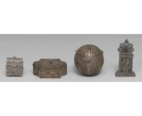 Judaica - a Continental silver filigree globular spice box, hinged cover, 6cm diam; another, as a clock, door to verso, 8cm h