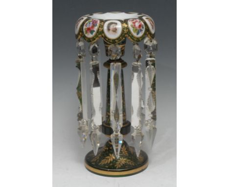 A 19th century Bohemian green glass lustre, overlaid white canopy descending into transparent crenulations applied with alter
