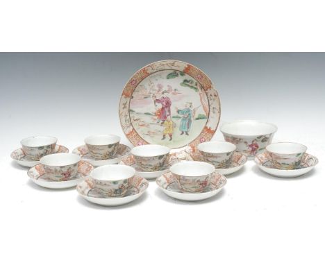 An 18th century Chinese Export porcelain eight-setting tea service, comprising a large saucer dish, a flared basin and tea bo