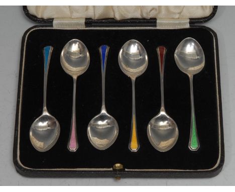 A set of six Art Deco silver and polychrome enamel coffee spoons, William Hair Haseler, Birmingham 1938, cased 