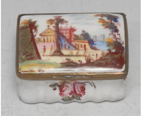 A George III South Staffordshire enamel rectangular snuff box, hinged cover painted with figuresbeside an architectural folly