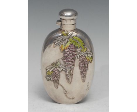 A Japanese silver and enamel oval hip flask, applied and decorated in polychrome with wisteria, hinged bayonet cap, 14cm long