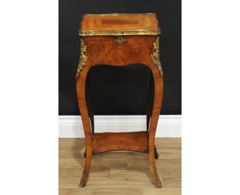 A 19th century gilt metal mounted kingwood and parquetry serpentine teapoy kettle stand, in the Louis XV taste, hinged cover 