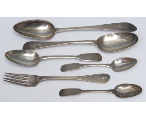 A George III Irish silver Celtic Point pattern tablespoon, John Shiels, Dublin 1794; another, Old English pattern, bottom str