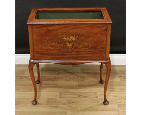 A Sheraton Revival mahogany and marquetry floor-standing bloom trough, moulded top, the front inlaid with a flowering urn and