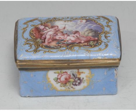 An early George III enamel rectangular table-top snuff box, probably London, the cover well-painted with a trio of amorini at