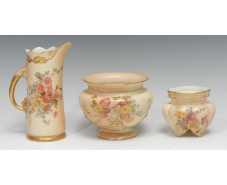 A Royal Worcester tusk-shaped cabinet ewer, painted with chrysanthemums and country flower, blush ivory ground picked out in 