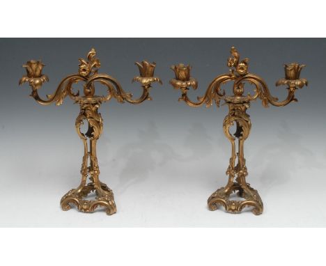 A pair of Rococo Revival two-light, two branch candelabra, cast throughout with flowers and scrolling acanthus 32cm high, c.1