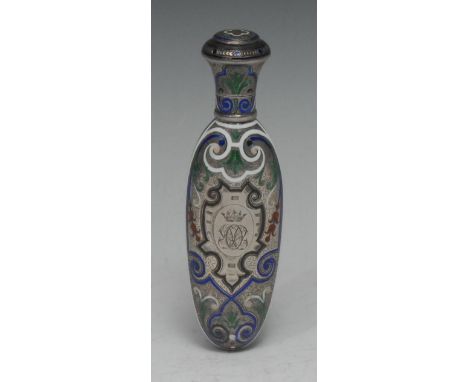 A 19th century French Renaissance Revival silver and enamel scent bottle, recto and verso centred by a cypher crested by a co