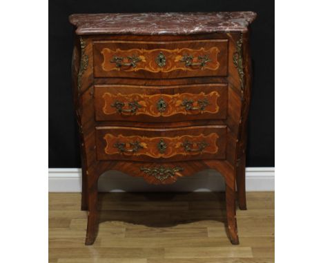 A Louis XV Revival gilt metal mounted rosewood, kingwood and marquetry bombe shaped commode, of small proportions, marble top