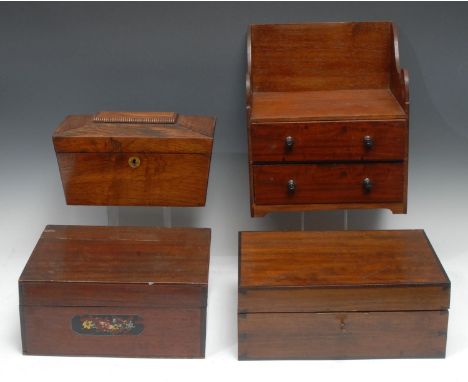 A George IV rosewood sarcophagus-shaped tea caddy, moulded cover, enclosing a bowl aperture and a pair of lidded compartments