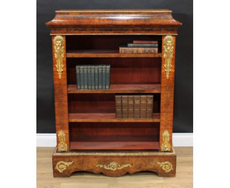 A Victorian Franglais gilt metal mounted walnut open bookcase, caddy top with matched veneers, crossbanded and outlined with 
