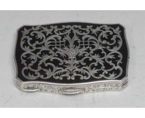 A Continental silver, tortoiseshell and pique shaped rectangular snuff box, hinged cover inlaid with leafy scrolls centred by