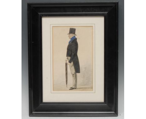 English School (mid-19th century)Portrait of an Elderly Dandy, full-length and in profile, wearing a top hat, a blue waistcoa