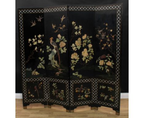 A Chinese lacquer and shibayama four fold room screen, in the Japanese taste, each rectangular panel applied with soapstone w