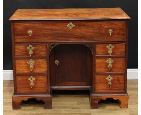 A George III mahogany kneehole desk, rectangular top with moulded edge above one long and two banks of three short graduated 