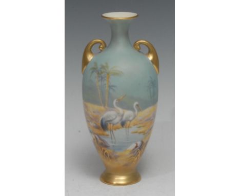 A Royal Worcester ovoid vase, painted by George Johnson, signed, with storks at a pool, 17cm high, shape no.H287, puce crown 