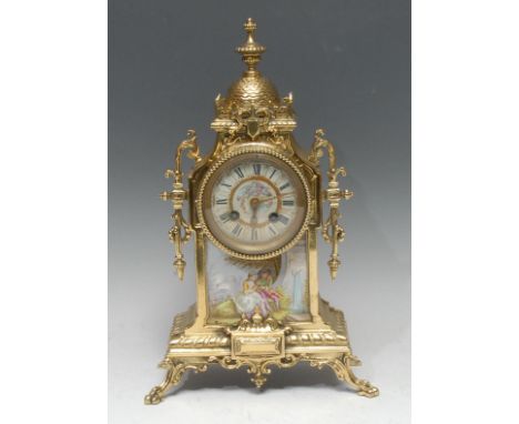 A French porcelain mounted lacquered brass mantel clock, 8.5cm dial inscribed with Roman numerals, twin-winding holes, eight-