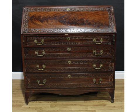 A George III mahogany bureau, in the Chippendale taste, fall front enclosing a small marquetry door inlaid with Britannia, pi