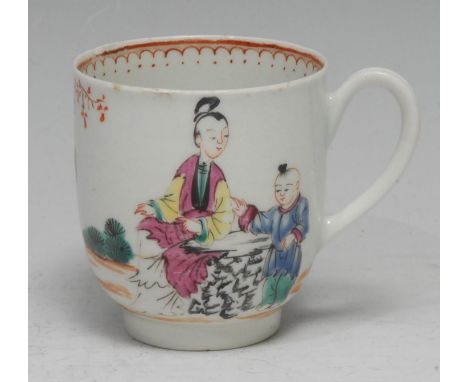 A Worcester coffee cup, painted in polychrome with traditional Chinese figures, loop handle, 6.5cm high, c. 1770 