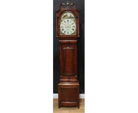 A Post-Regency Scottish mahogany longcase clock, 33cm arched painted dial inscribed John Henderson, Dunfermline, Roman numera