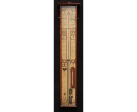 A late Victorian oak cased barometer, Admiral Fitzroys Barometer, printed Gothic Revival back sheet numered 367 815 and title